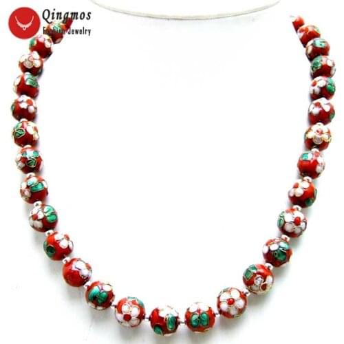 Qingmos Red Cloisonne Choker Necklace for Women with 12mm Red Round Cloisonne & White Flower Long 20" Necklace Fine Newelry-5966