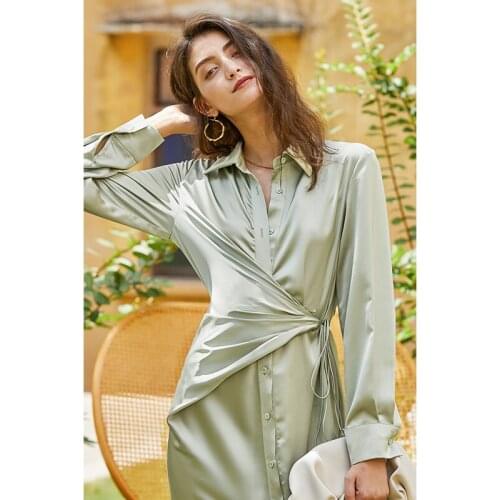 French Style Fashion Shirt Dress Ruched Full Sleeves Luxury Elegant Asymmetrical Lady Office Work Business Dress Clothing