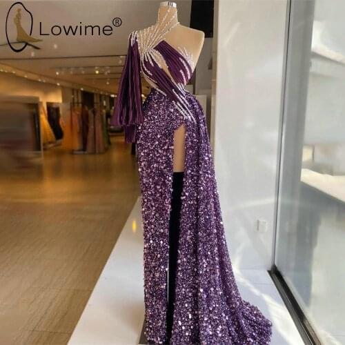 Sparkly Purple Sequins Mermaid High Split Evening Dresses 2021 Beaded One Shoulder Sexy Gowns For Women Party
