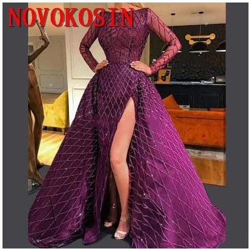 2020 New Purple Sequin Lattice Prom Dresses with Detachable Train Long Sleeves Side Split Overskirt Evening Gowns Formal Dress