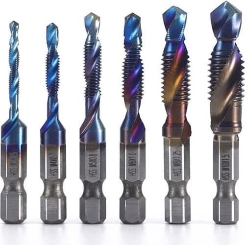 6Pcs Hex Shank Titanium Plated HSS Screw Thread Metric Tap Drill Bits Screw Machine Compound tap M3 M4 M5 M6 M8 M10 Hand Tools