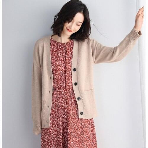 Basic Brief V Neck Cardigan Sweaters Women Loose Casual Knitted Cardigans Black Grey Beige AA5064