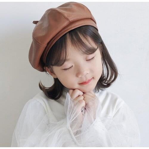 PU Leather Beret Hat for Kids Boys Girls Fall Winter Newsboy Artist Cap Children French Octagonal Painter Hats Boina Barets