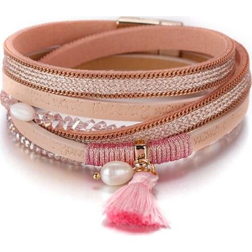 Amorcome Vintage Engraved Letters Leather Wrap Bracelets Boho Crystal Beads Frigne Tassel Multiayer Bracelet Women Jewelry Gifts