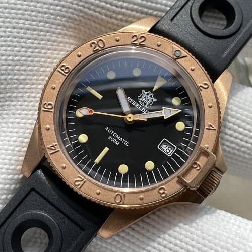 Steeldive Bronze Watch 200M Waterproof NH35 Automatic Movement Wristwatch Bronze Bezel Sapphire Glass C3 Luminous Rubber Strap