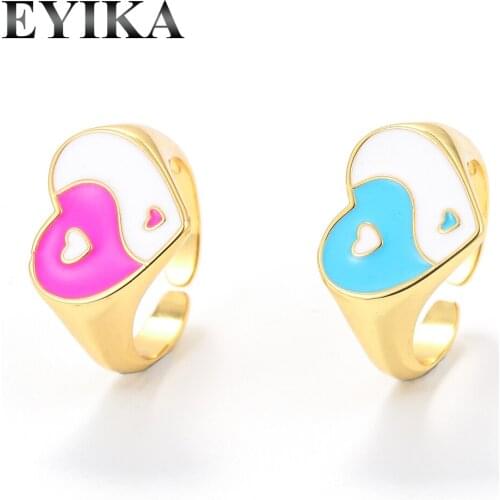 EYIKA New Trendy Heart Yin Yang Tai Chi Gold Color Rings for Women Multicolor Enamel Chunky Ring Couple Fashion Jewelry Gift