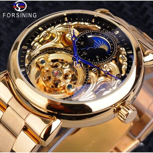 Forsining 2019 New Design Moonphase Golden Tourbillion Automatic Mechanical Watch Mens Stainless Steel Watches Top Brand Luxury