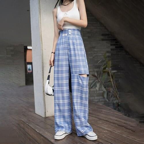 QOERLIN Plaid Blue Straight Pants For Women High Waist Casual Loose Wide Leg Holes Trousers Female Fashion New Clothing 2021