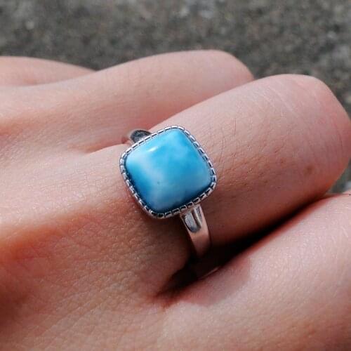 Solid Real 925 Sterling Silver Jewelry cushion Cut 8x8mm Natural Dominica Larimar Ring For Engagement Wedding Rings