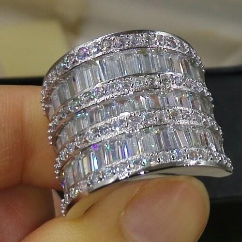 Size 5-11 Luxury Jewelry 925 Sterling Silver Princess Cut 5A White Clear CZ Zirconia Party Women Wedding Engagement Wide Ring