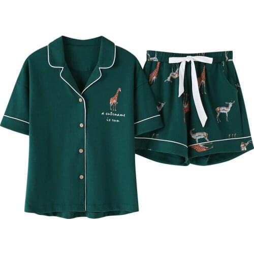 Summer Loose Pajama Sets Women Cartoon Giraffe Print 2 Pieces Shorts Elastic Waist Pyjamas Women Pijamas Пижама Женская S93224