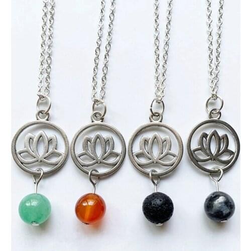 Metal Lotus Flower Pendant Necklace Natural Healing Crystal Beads Stone Necklace Silver Color Tassel Chain Jewelry
