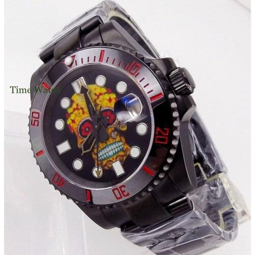 40mm Fully Black PVD Coated Mens Automatic Watch Japan NH35 Movement Skull Dial Sapphire Glass Glide Lock Band Ceramic Insert