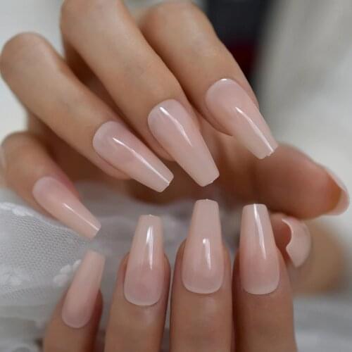 Plain Nude Extra Long False Nails Coffin Tip Ballerina Flat End Fake Nail UV Gel Cover Manicure Artificial Nails Salon