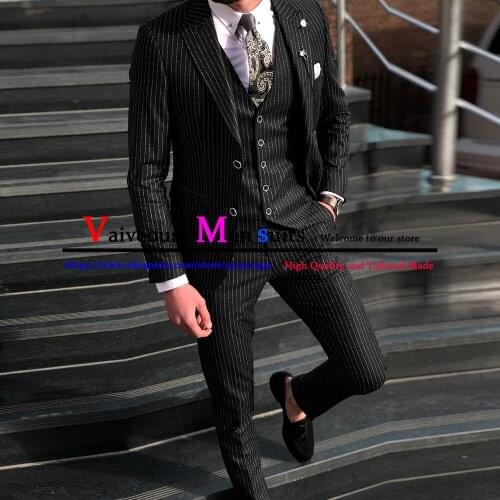 Slim Fit Men Suits Lapel Tailored Tuxedos Groom Wedding Male Blazers Luxury Vertical Striped Black Business Formal Wear 3 Piece