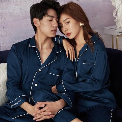 Couple 2PCS Faux Silk Pajamas Suit Spring Autumn Full Sleeve Shirt&Pant Nightwear Loose Sleepwear M-3XL With Pocket Home Wear