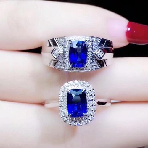 Couple Rings Set Natural Sapphire Lovers Ring Free shipping Finger ring Natural real blue Sapphire 925 sterling silver ring