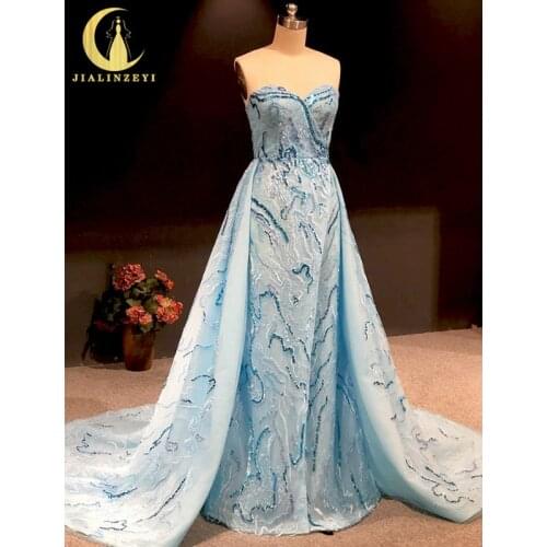 Rhine Real picture zuhair murad strapless embroidery beads Sequins Blue women evening dress long formal dresses