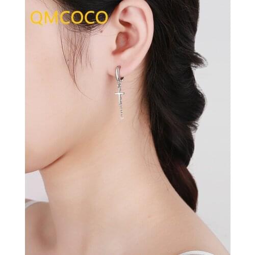 QMCOCO 925 Silver Personality Simple Cross Chain Eardrop Design Punk Long Earrings For Women And Men Party Jewelry Ear Ornaments