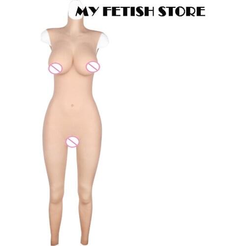 4G High Neck Sleevless Ankle Length Crossdressing Realistic Silicone Full Body D Cup Breast Form Suit With Vagina Drag Queen