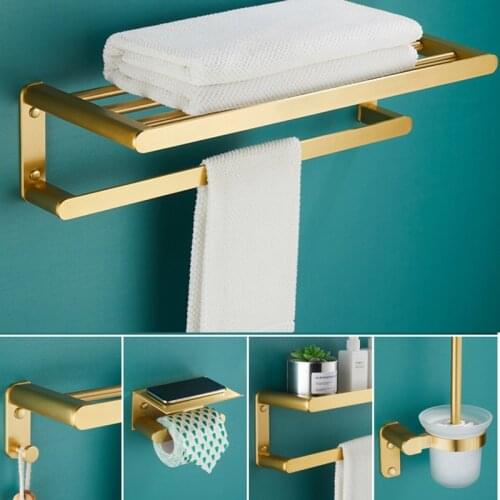 Luxury Brushed Gold Bathroom Towel Rack Adhesive Bathroom Accessories Toilet Roll Paper Holder Double Rod Bathroom Pendant Set