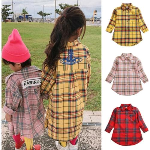 1-7 Years Baby Kids Girls Shirt Tops Autumn Lapel Plaid Long Jacket Girls Blouses Full Sleeve Tee Tops Outwear Girls Clothing