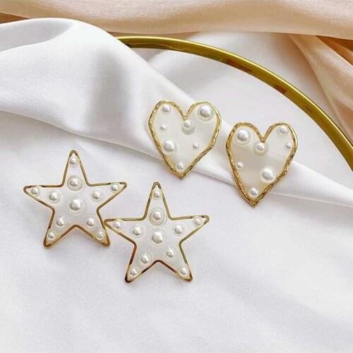 New Fashion Imitation Pearl Heart Star Studs Earrings Transparent Resin Trendy Party Studs Lovely Heart Star Holiday Earrings