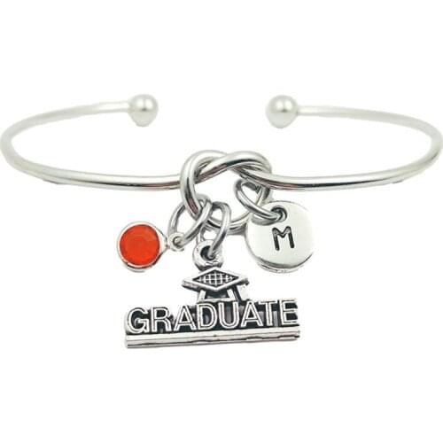 Graduate Hat Retro Creative Initial Letter Monogram Birthstone Adjustable Bracelet Fashion Jewelry Women Gift Pendant