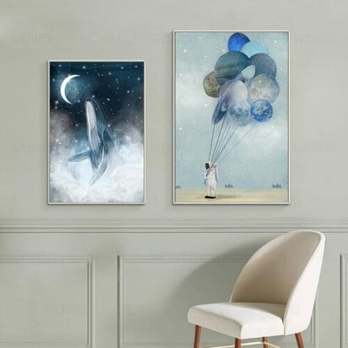 Nordic Posters Wall Art Canvas Painting Abstract Blue Whale Planet Painting Astronaut HD Cartoon Canvas Painting For Living Room
