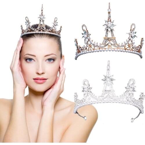 2019 Wedding Bridal Bridesmaid Eiffel Tower Crown Tiara Crystal Imitation Pearl Headband Bride Hair Accessories