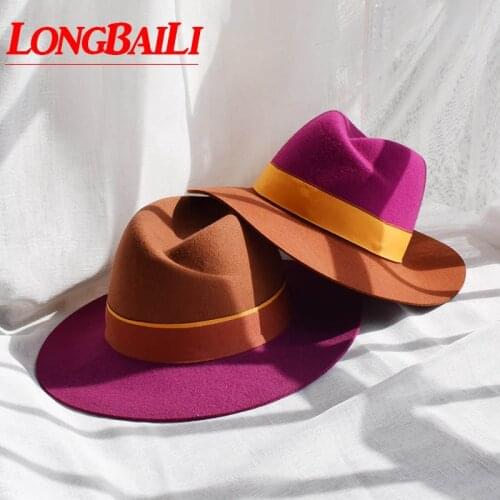 Winter Patchwork 100% Quality Wool Felt Fedora Hats For Women Wide Brim Sun Caps Free Shipping PWFE055