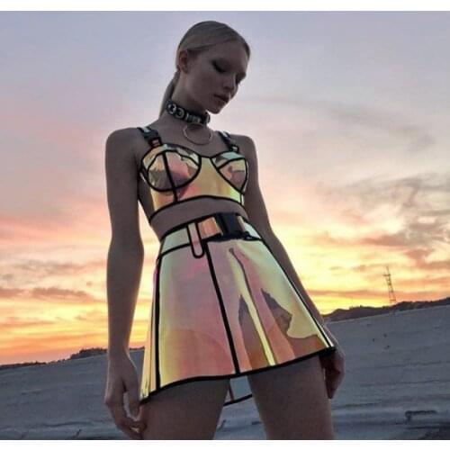 Music Festival Laser Hologram Bra With Skirt Set Party Nightclub Start Auto Women Sexy Costumes Show Harajuku Holograhpic Skirt