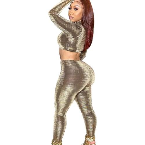 Women Gold Skinny Bodycon Fitness Sportswear Tracksuit 2 Piece Outfits Casual Long Sleeve Crop Top Sporty Leggings Two Piece Set