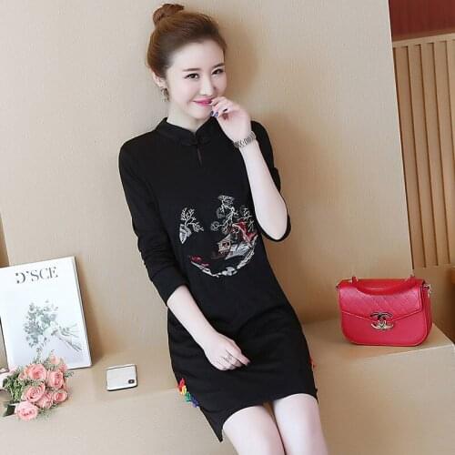 2019 Autumn New Pattern China Nation Wind Self-cultivation Thin Stand Lead Embroidered Long Sleeve Cheongsam Dress