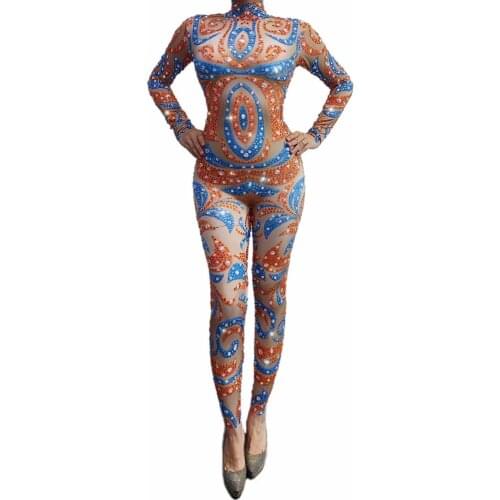 Turtleneck Jumpsuit Stylish Rhinestone Long Sleeve Eye-Catching Bodysuit Women Nightclub Singer Dancer Party Skinny Outfits