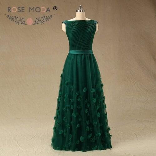 Rose Moda High Neck Green Floor Length Evening Dress Sleeveless 3D Flowers Formal Party Dress 2019 Plus Size