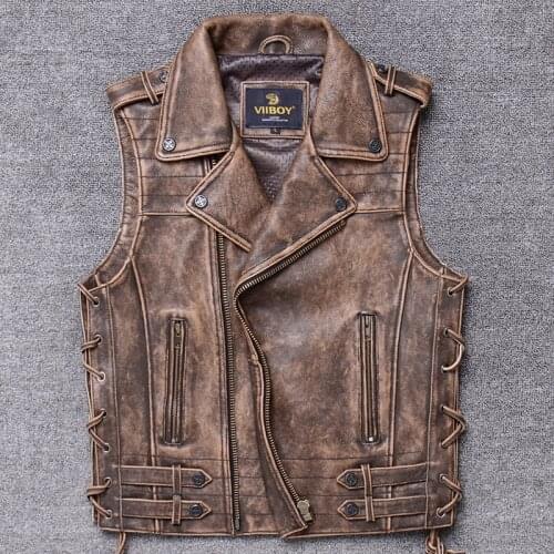 Autumn Genuine Vest Head Layer Thickness Cowhide Do Used Clothing Male Locomotive Leather Jacket Short Fund Thick Moto Jacket