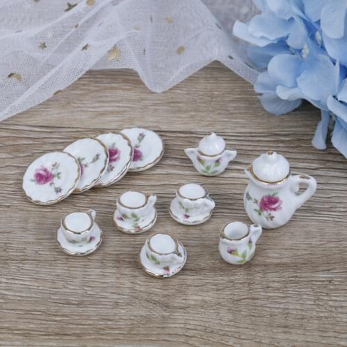 15x 1/12 Miniature doll house pink Flower Patten Porcelain Coffee Tea Cups Ceramic Tableware Dollhouse Kitchen Accessories