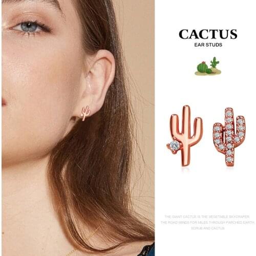 Asymmetrical Cactus Stud Earrings Rose Gold Color Crystal Earrings for Women Geometric Vintage Ear Stud Oorbellen Jewelry Gifts