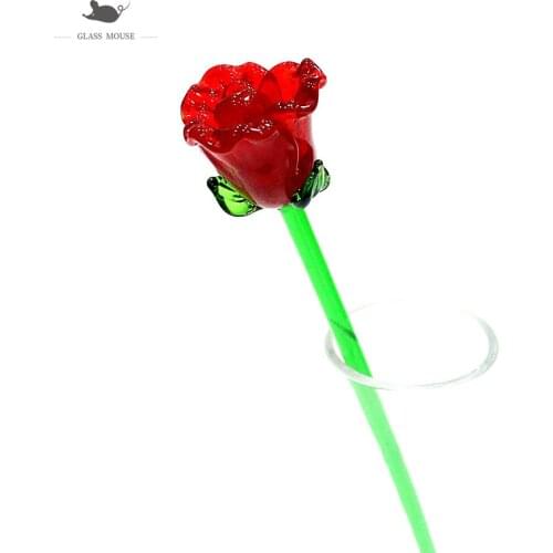 Lampwork Handmade Art Murano Glass Flower Lovely Long Stem Rose Ornament Valentines Day Holiday Party Gifts For Home Vase Decor
