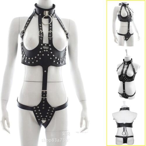BDSM PU Leather Black Open Breast Bra&Underwear,Adult Games Restraints Crotch Teddy Lingerie Fetis Erotic Body Harness Sex Toys