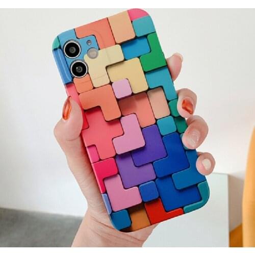 Cute Rainbow Color 3D Cube Phone Case For iPhone 12 11 Pro X XR XS Max 12 Mini 7 8 Plus SE 2020 Camera Protection Silicone Cover