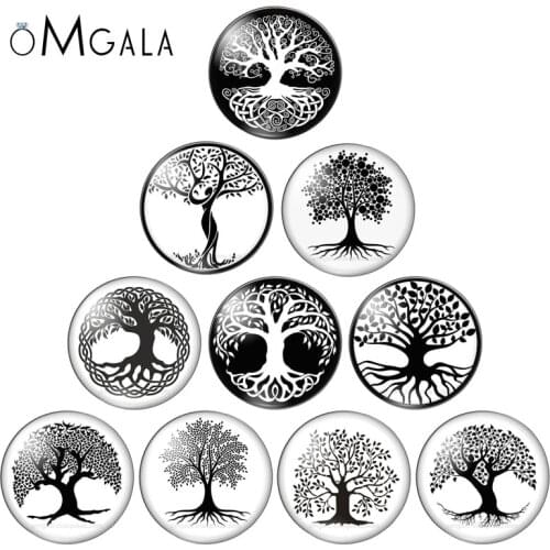 Black color Tree of Life pattern 10pcs mixed 12mm/18mm/20mm/25mm/30mm Round photo demo glass cabochon flat back Making findings