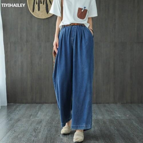 TIYIHAILEY Free Shipping 2020 New Thin Fashion Jeans Pants Women Wide Leg Trousers Plus Size Summer Elastic Waist Jeans M-2XL