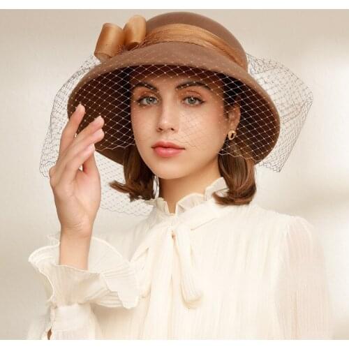 2021 Europe and America autumn and winter elegant light luxury wool hat banquet top hat tulle mesh hat women
