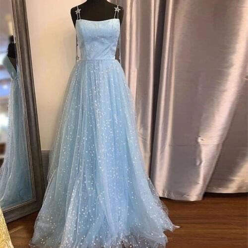 Elegant Baby Blue A-Line Evening Dresses Sparkly Star Print Porm Dresses Spaghetti Strap Formal Dresses with Zipper Back 2020