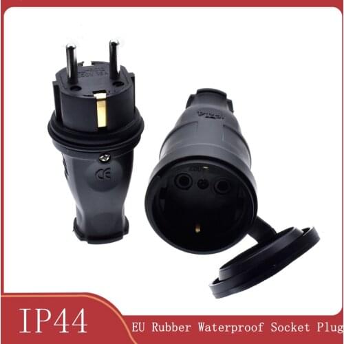 EU Rubber Waterproof Socket Plug Electrial Grounded European Connector With Cover IP44 For DIY Power Cable Cord 16A 250V