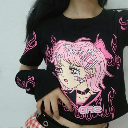 Harajuku Flame Sad Girl Letters Print Short Sleeve T-Shirts Women Summer Streetwear Hip Hop Punk Black Tops Tee