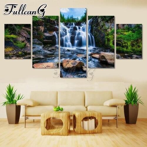 FULLCANG diy full square/round drill 5 panel diamond painting natural scenery waterfall 5d mazayka embroidery sale kit FC1038