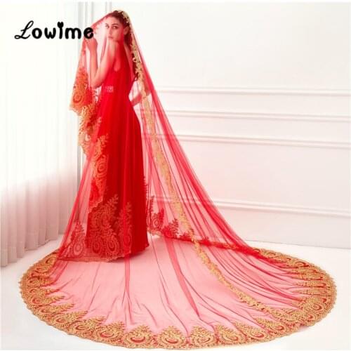 2018 New Arrival Red Wedding Veil 3.5 Meters Long Gold Appliqued Bridal Veil Veu De Noiva Longo One Layer Voile Mariage Hot Sale